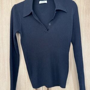 Sandro Navy Ribbed Polo Sweater